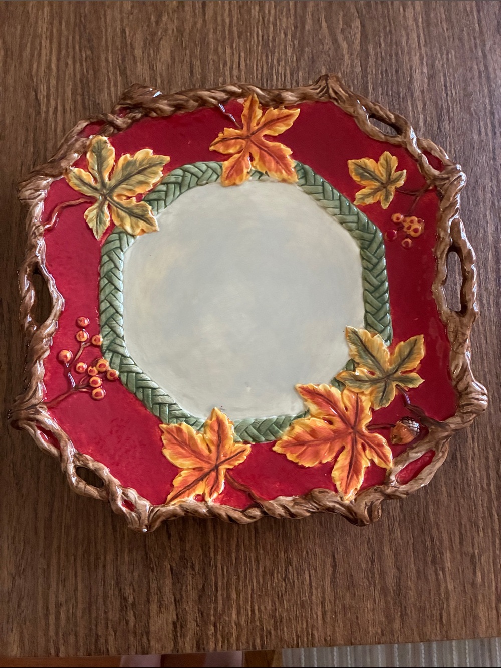 Autumn Leaf Decorative Serving Tray - Red, Orange, Green- EUC